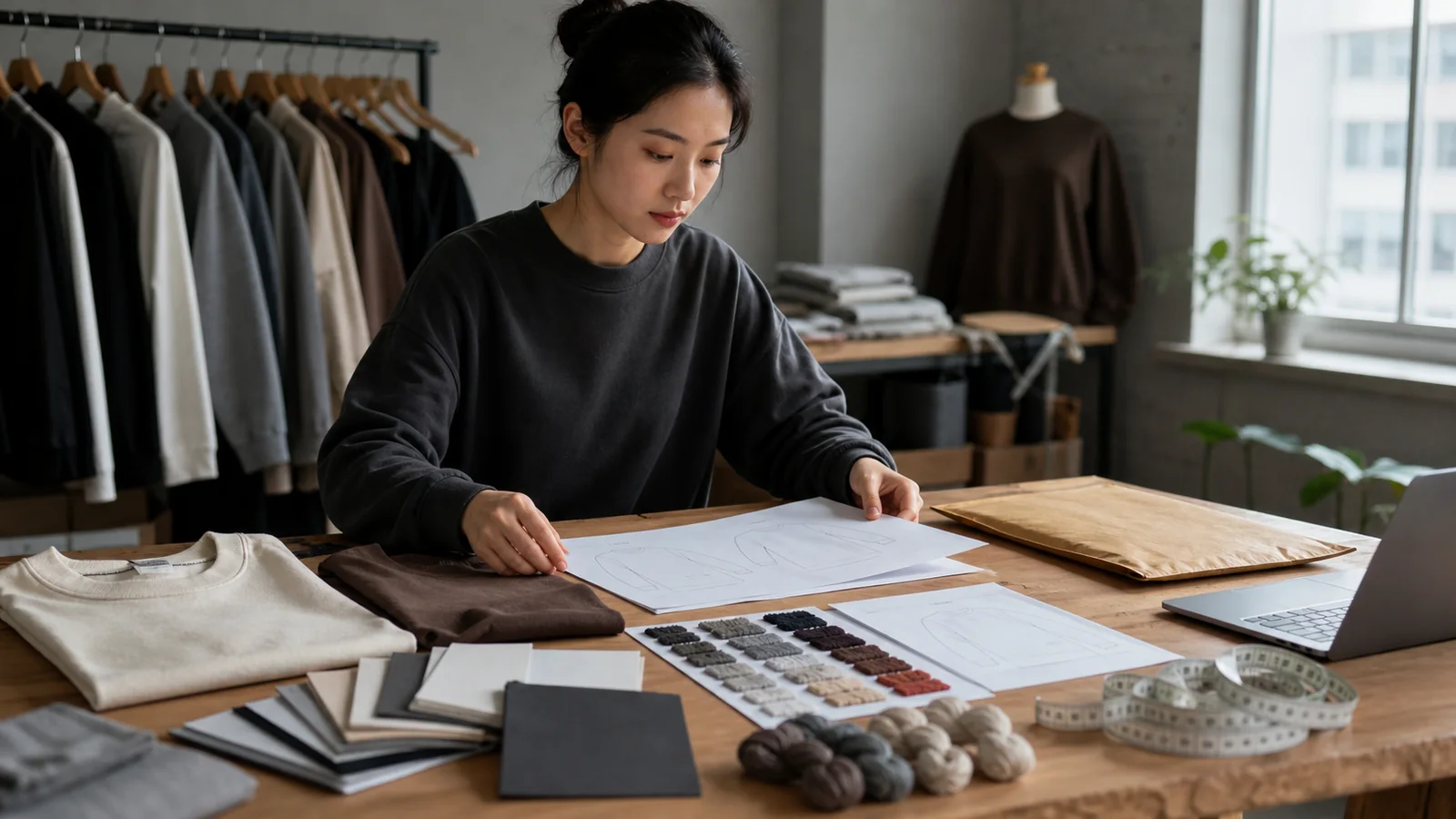 Activewear founder assembling a supplier inquiry package for a custom sweater or sweatshirt project