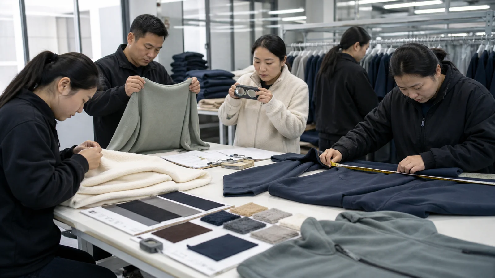 Apparel quality team inspecting pilling, seams, rib recovery and measurements on warm tops