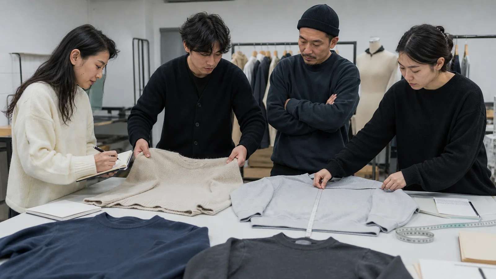 Fit team reviewing sweater and sweatshirt samples after a wash and measurement check