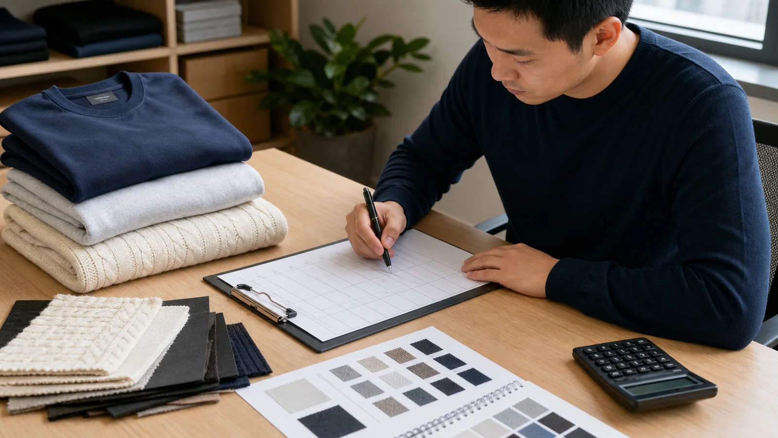 Buyer scoring sweater and sweatshirt suppliers by construction, fabric, sampling and bulk evidence