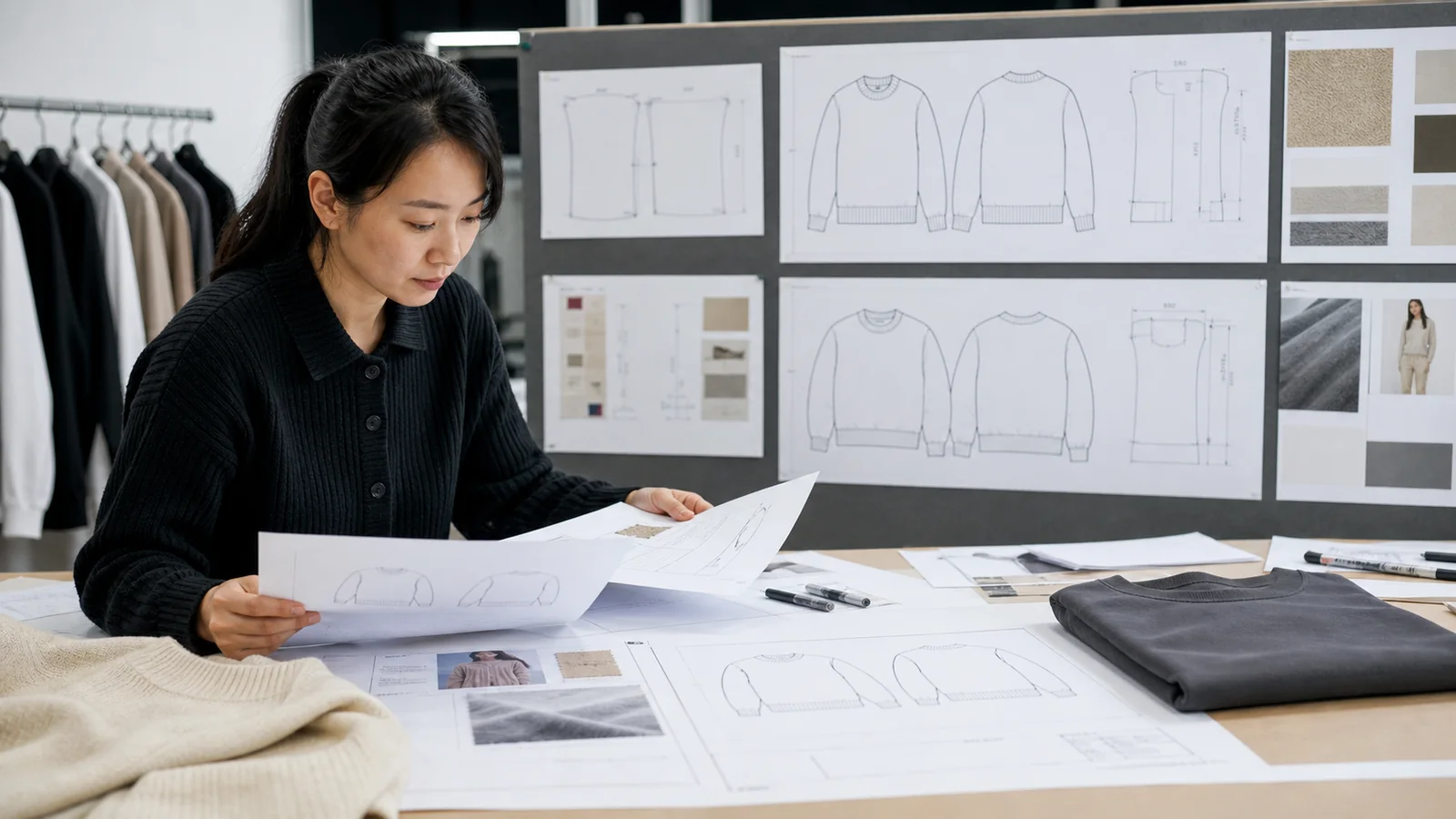 Technical designer reviewing a sweater and sweatshirt tech pack with flats and measurement notes