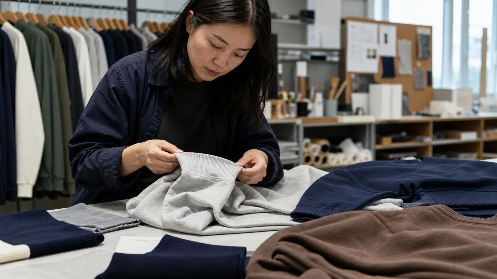 Apparel developer inspecting rib cuffs, hem bands and neckline trims on sweatshirt and sweater samples