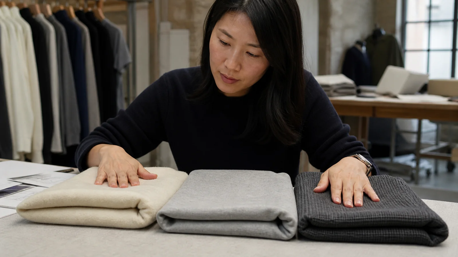 Buyer comparing brushed fleece, French terry and knitted sweater surfaces for warmth and layering