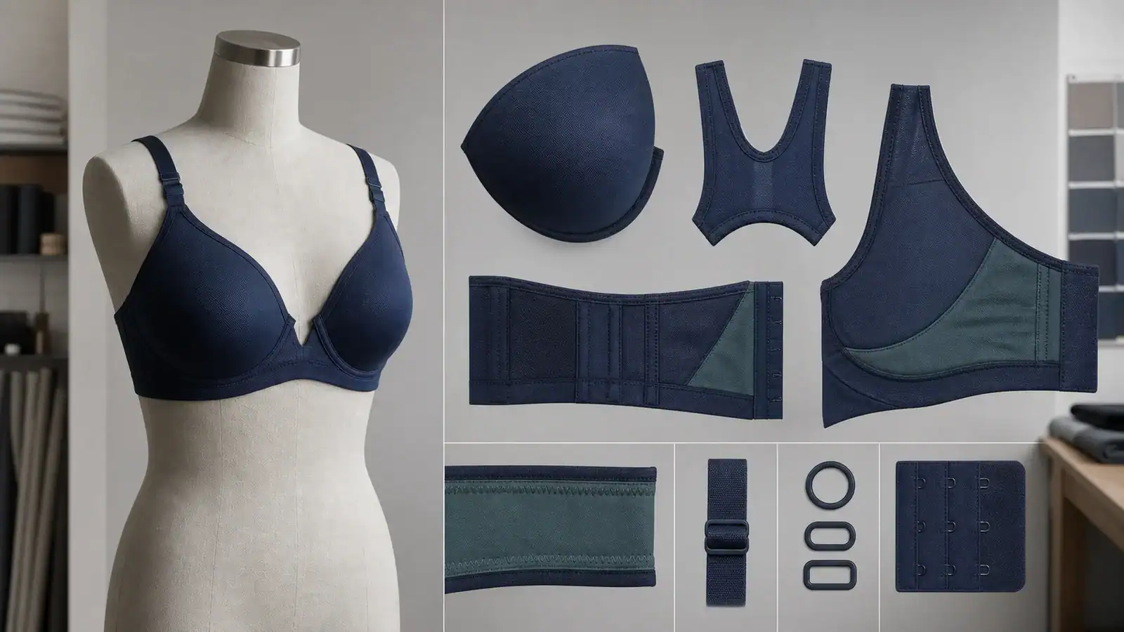 Collection of custom sports bras and supportive clothing pieces for activewear.