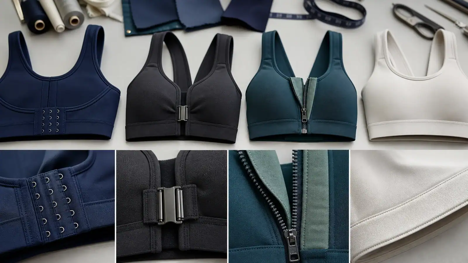 Variety of sports bras with zippers, hooks, and adjustable straps for support.