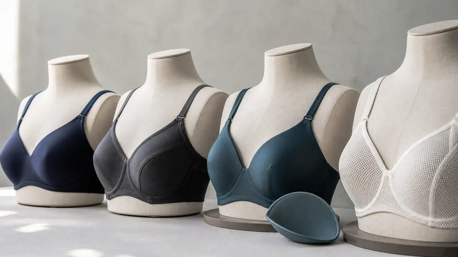 Display of different bra styles on mannequins for retail showcase.
