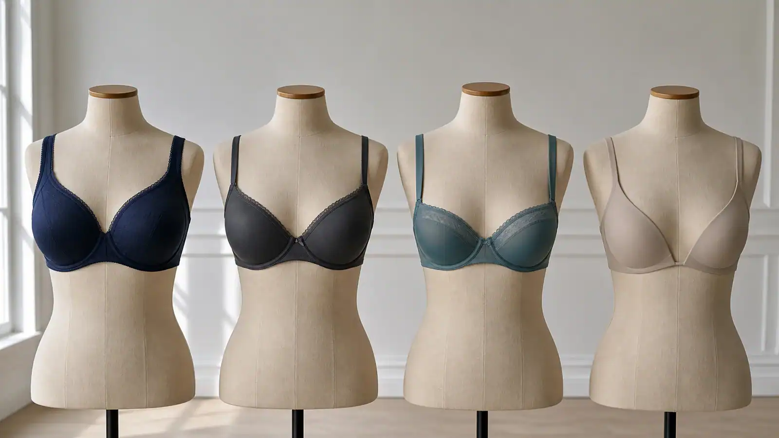 Four neutral dress forms comparing full-cup, demi, balconette and plunge bra coverage