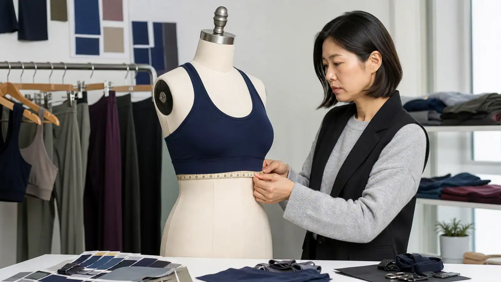 Fashion designer measuring a sports bra on a mannequin in a studio.