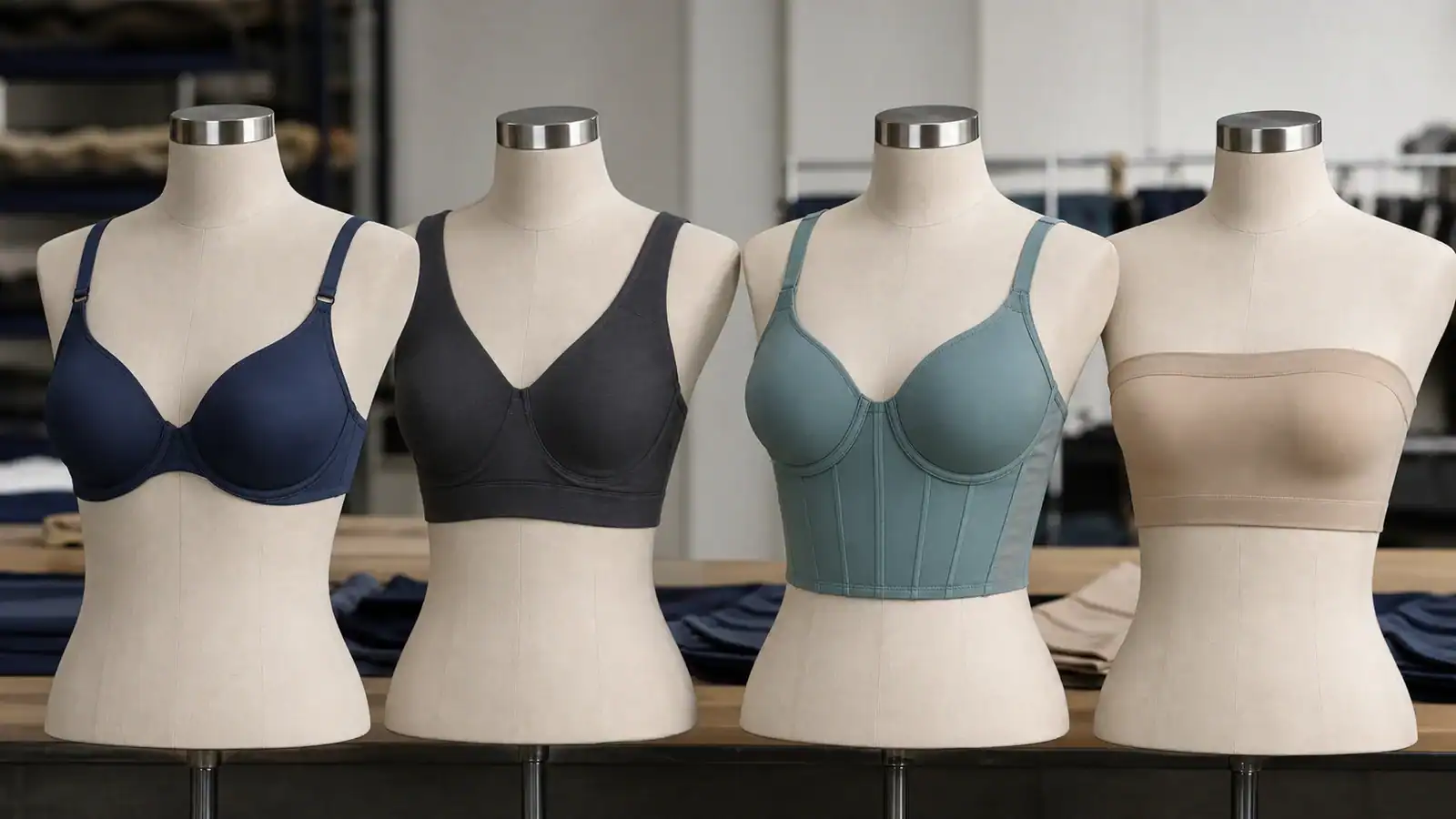 Bra silhouettes comparing underwire, wire-free, longline and bandeau frame and band structures