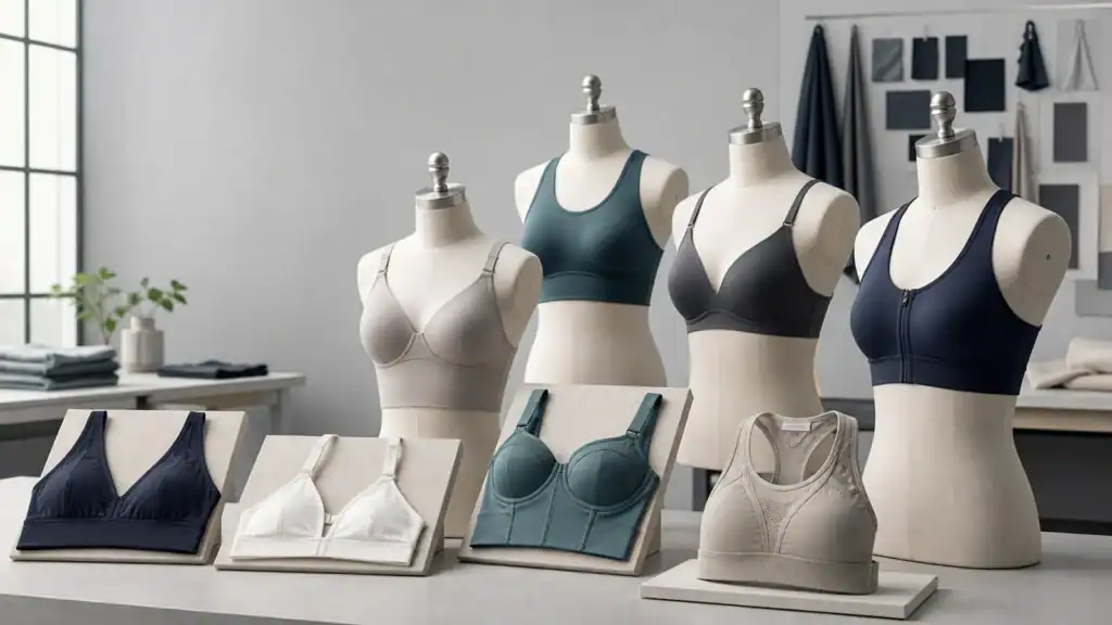 Curated studio collection of bra and sports bra silhouettes showing varied cup, band and strap constructions