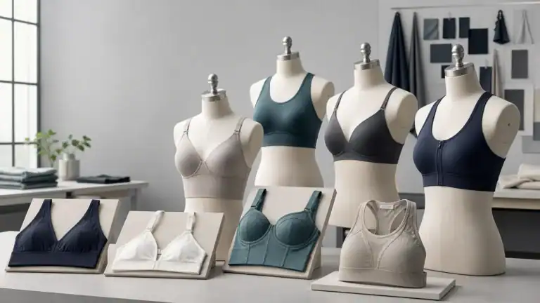 Curated studio collection of bra and sports bra silhouettes showing varied cup, band and strap constructions