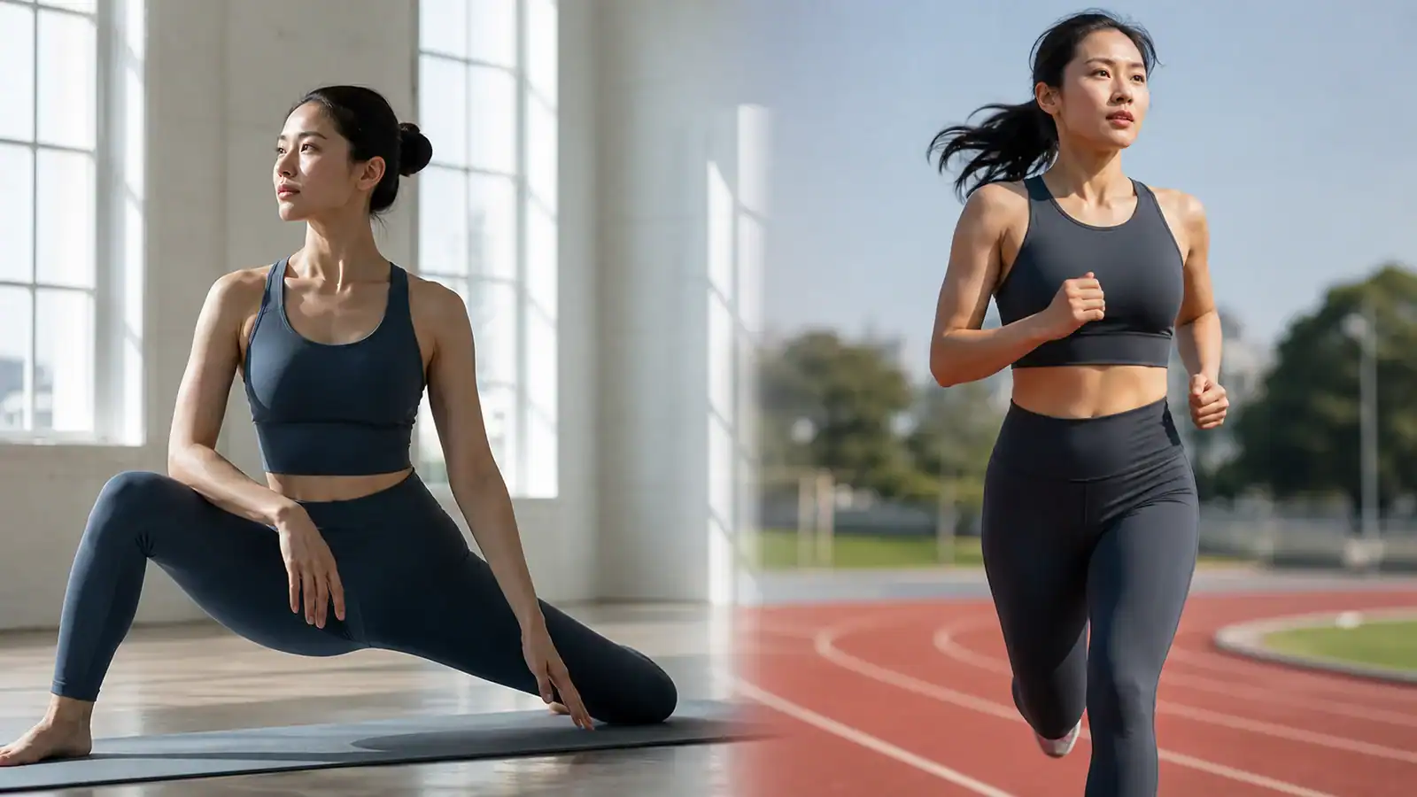 East Asian athletes in modest low-impact studio and high-impact running sports bra outfits