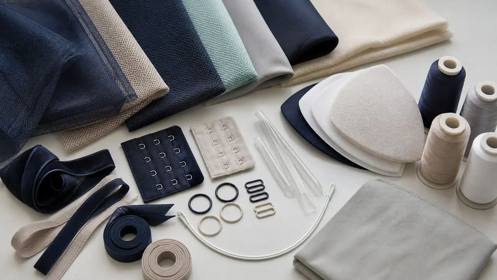 Power mesh, spacer, jersey, tricot, elastic, hook-and-eye and strap components arranged in an apparel studio