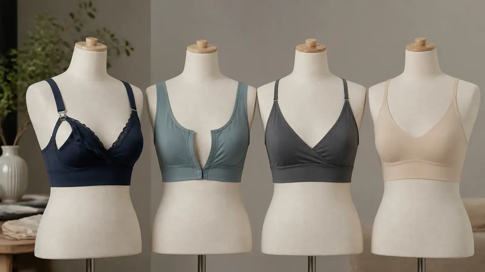 Four mannequins showcasing different styles of bras in various colors and designs.