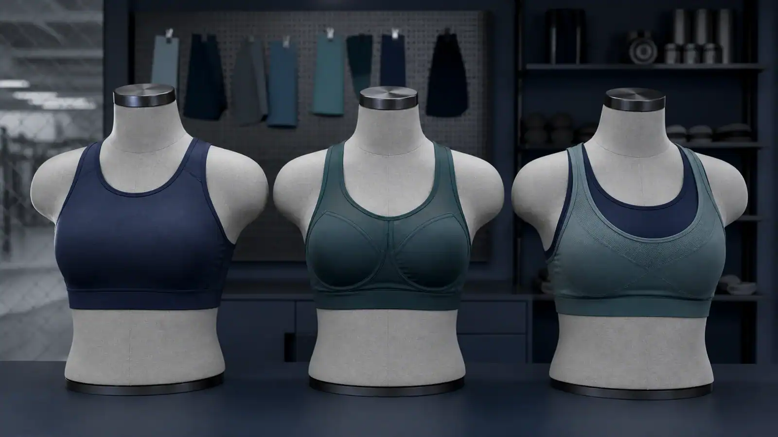 Three sports bra samples showing compression, encapsulation and combination constructions