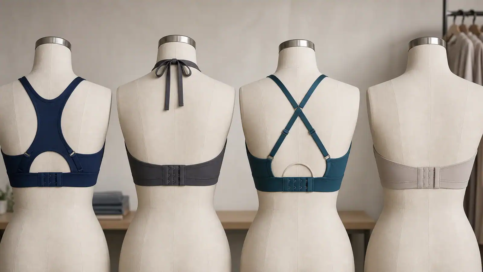 Rear-view dress forms comparing racerback, halter, convertible and strapless bra configurations