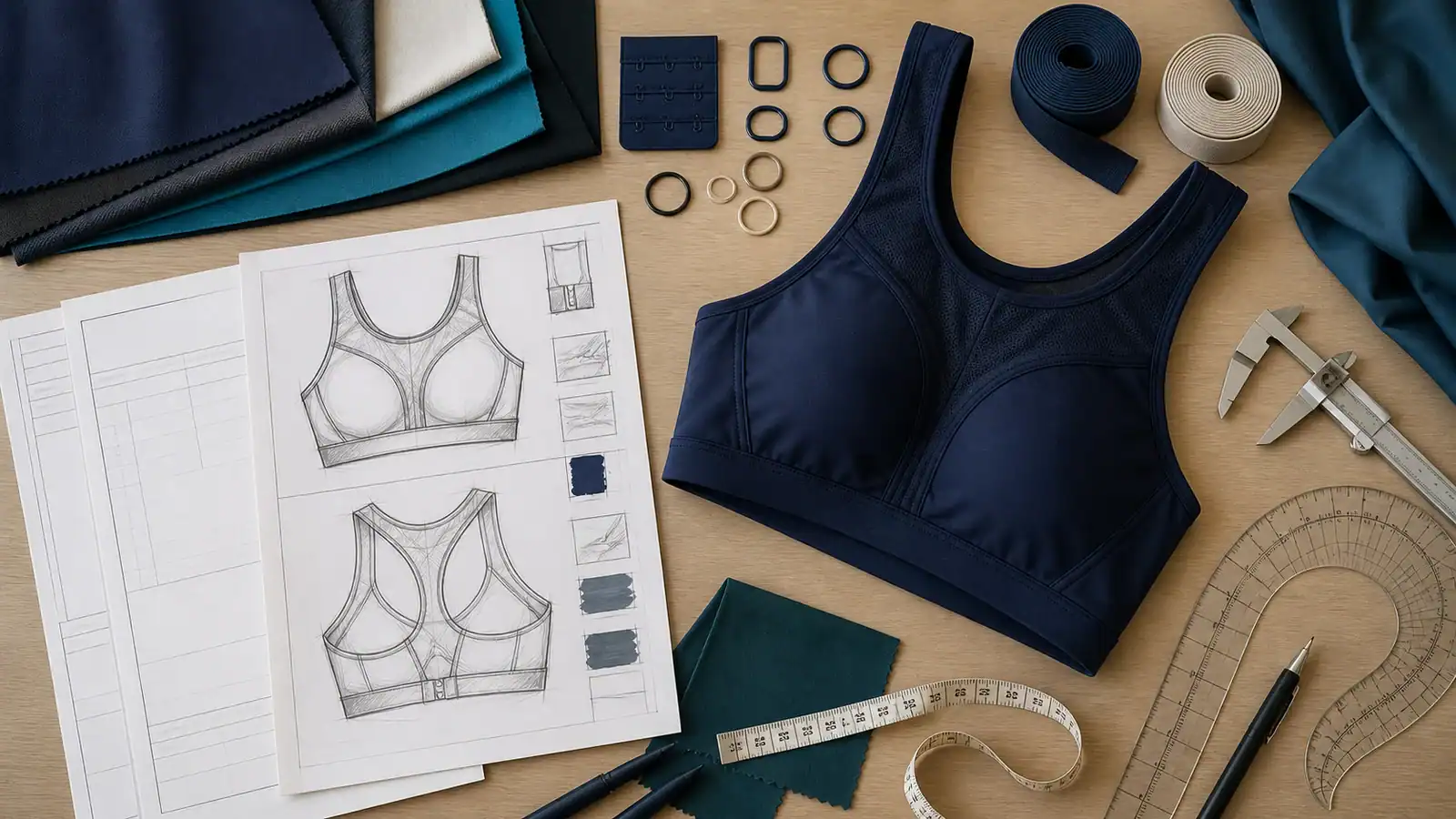 Sports bra with design sketches and fabric samples for custom clothing.