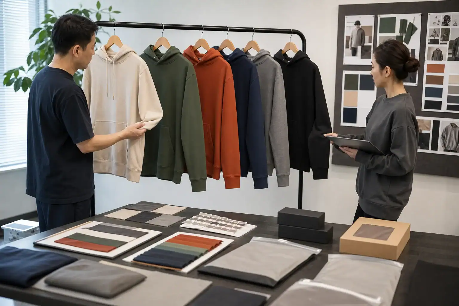 Design team selecting hoodie colors for custom clothing production.