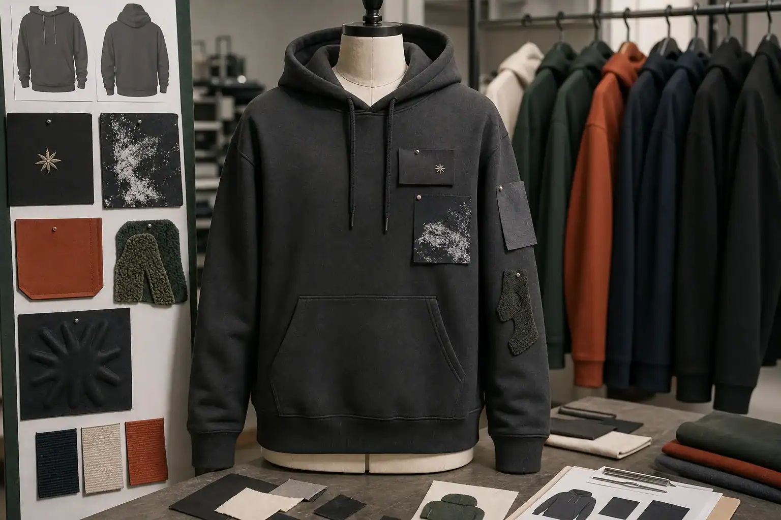 Black custom hoodie with patches and design elements for activewear.
