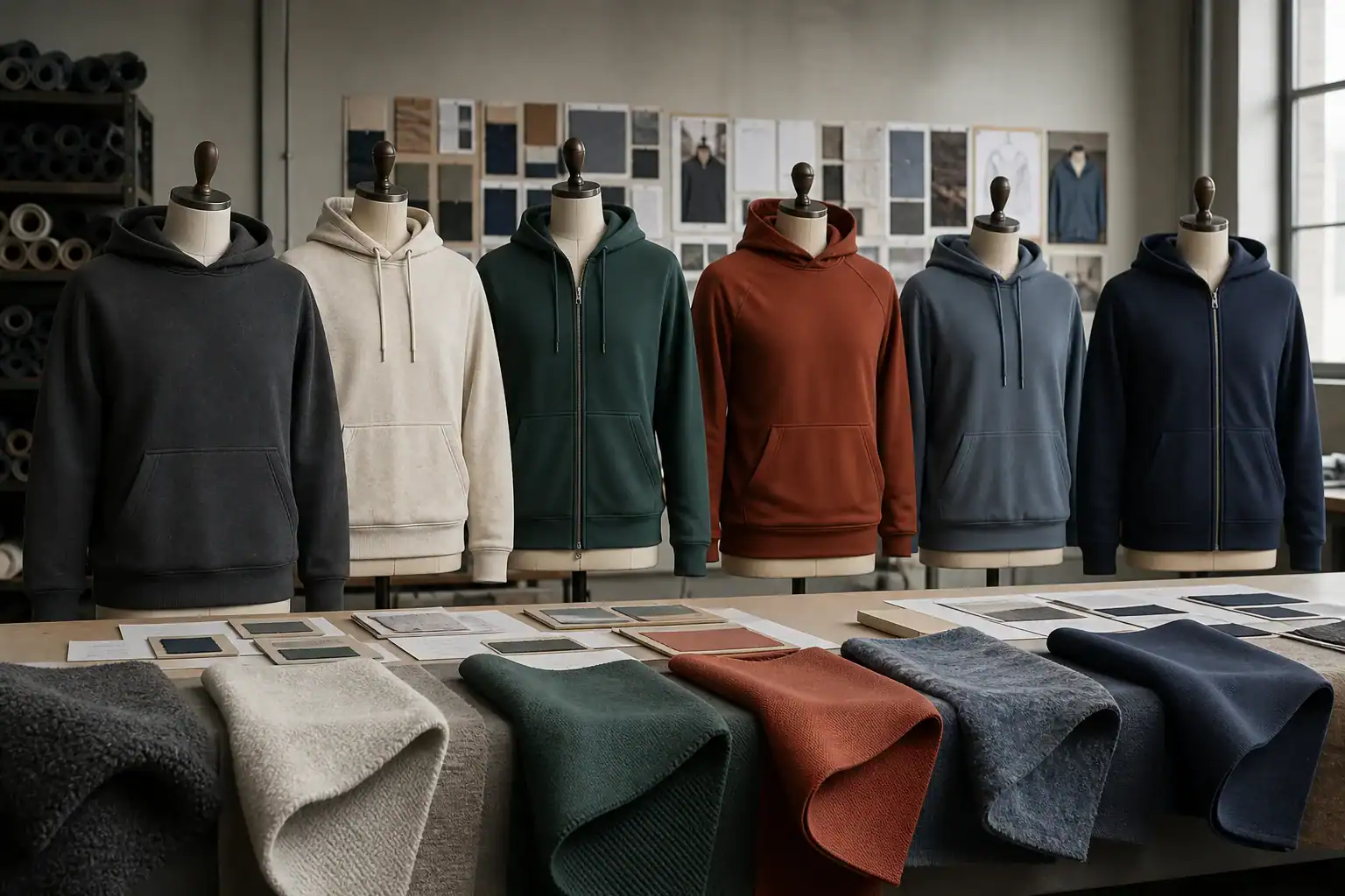 Display of custom hoodies in various colors with fabric samples and design options.