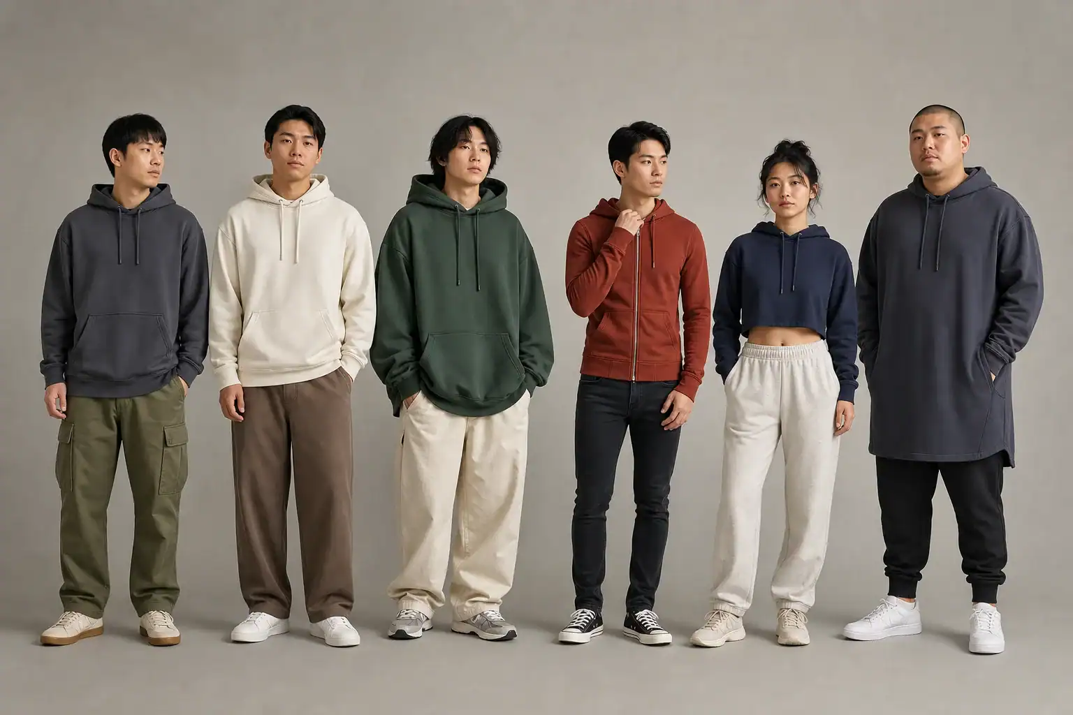 Diverse team of models showcasing custom hoodies and casual wear at DETOSUN.