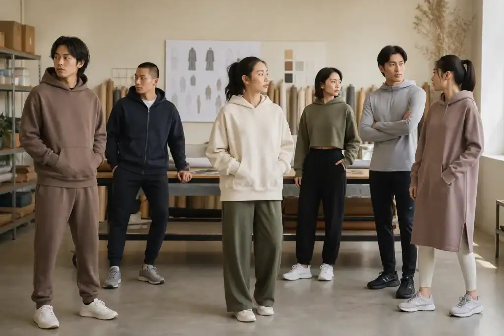 Design team discussing custom activewear clothing at manufacturing facility.