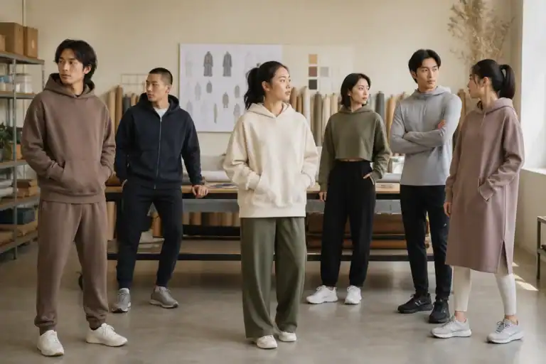 Design team discussing custom activewear clothing at manufacturing facility.