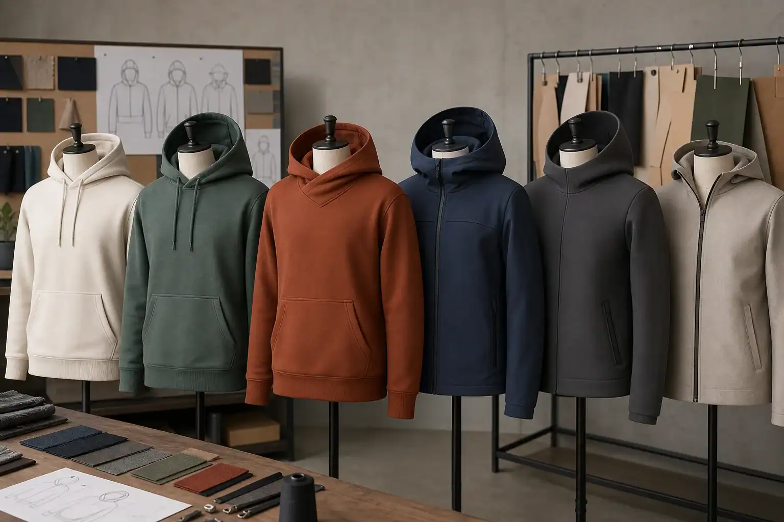 Display of various colored custom hoodies on mannequins at DETOSUN.