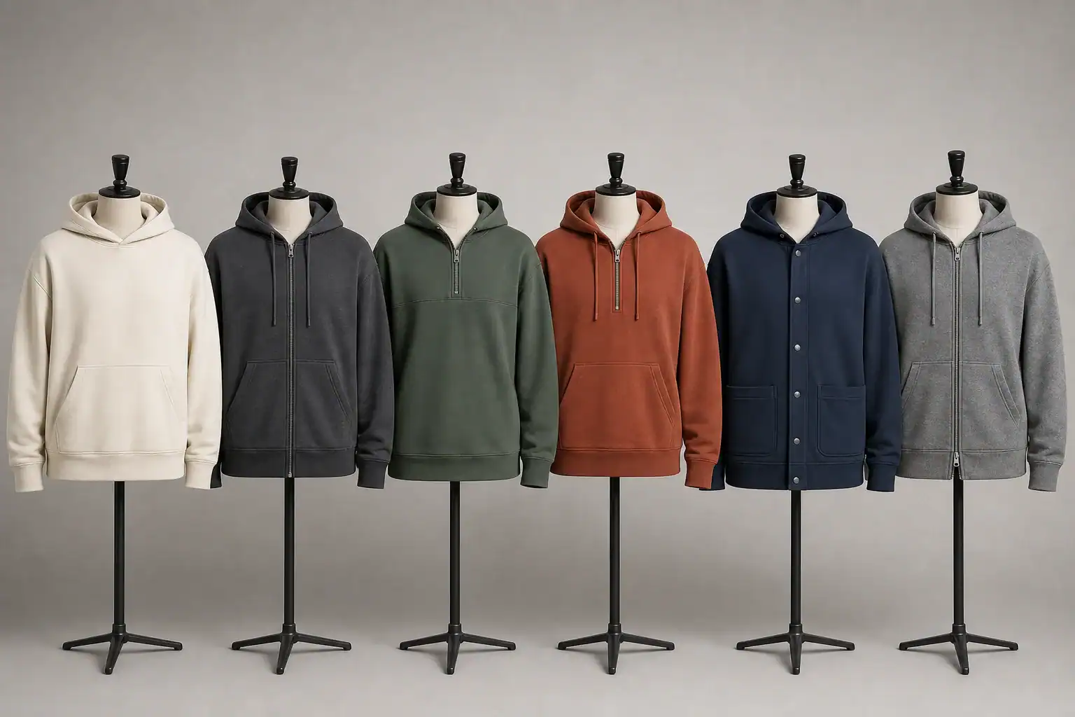 Variety of custom hoodies in different colors on display.
