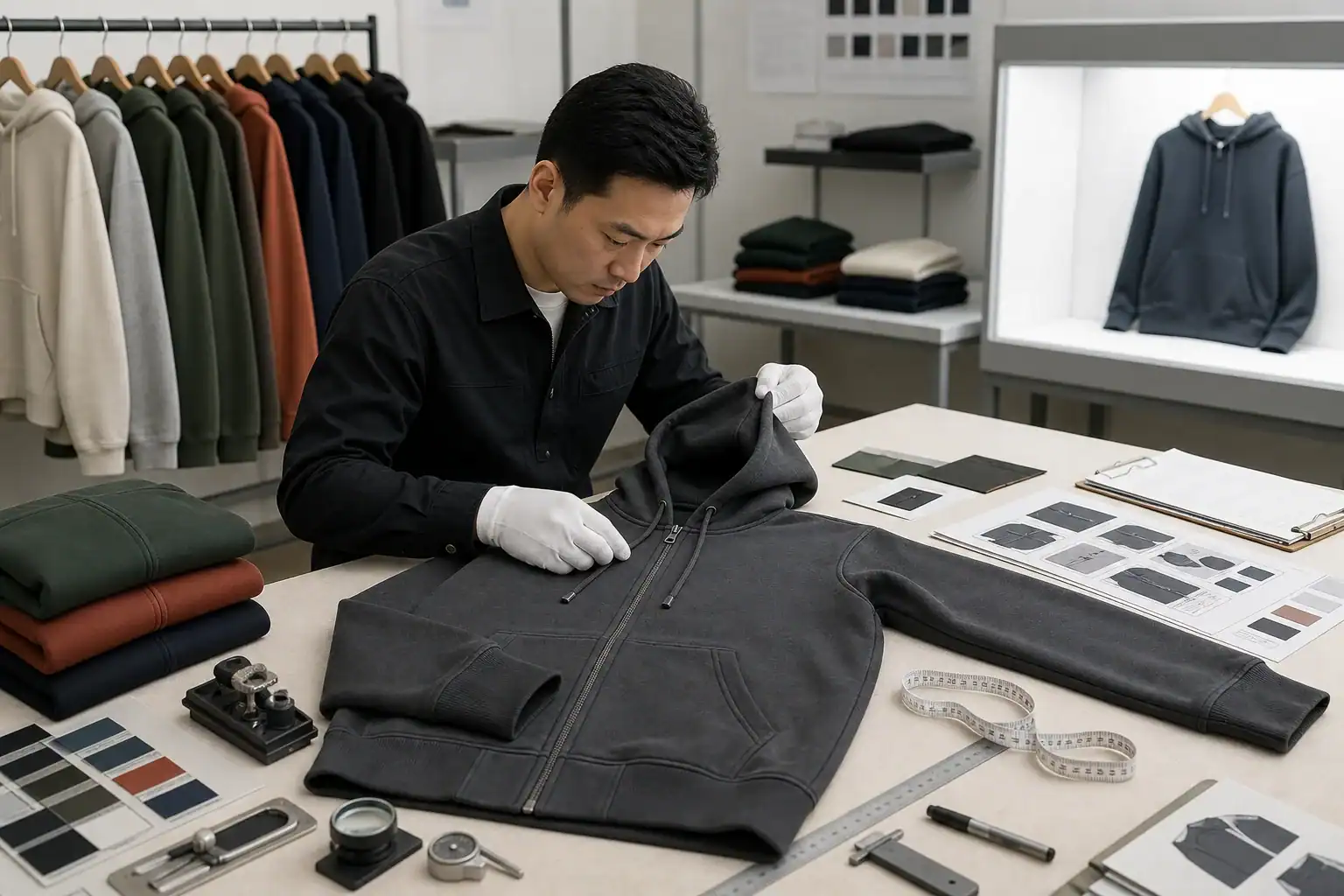 Design team creating custom hoodie in clothing manufacturing facility.