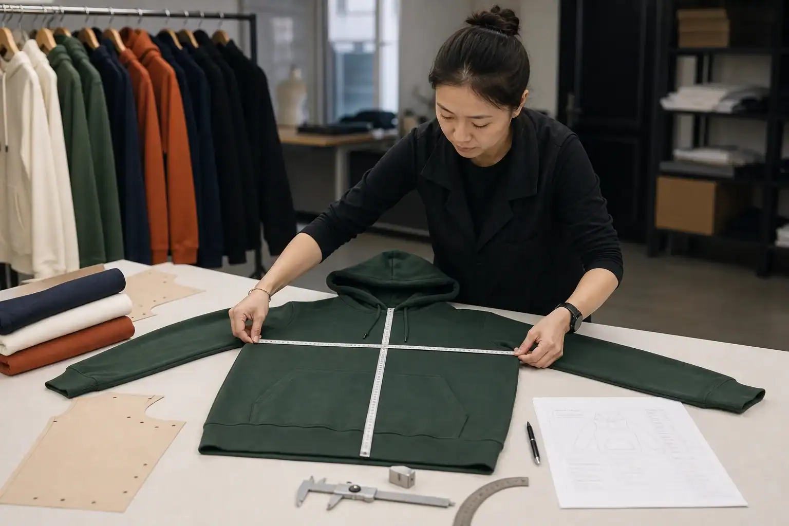 Asian garment technician measuring chest width and body length on a hoodie sample