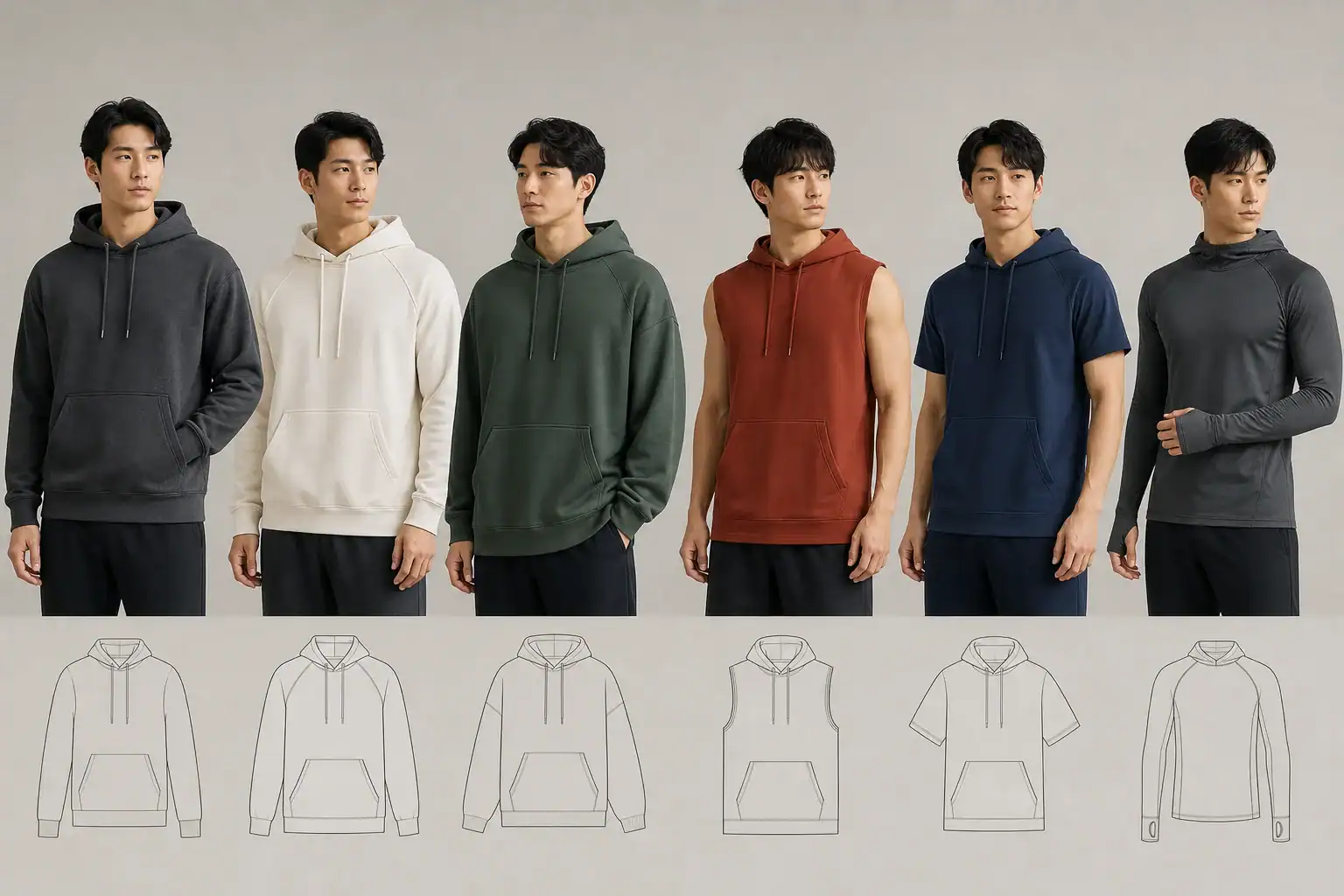 Group of men modeling custom hoodies and sleeveless shirts by DETOSUN.
