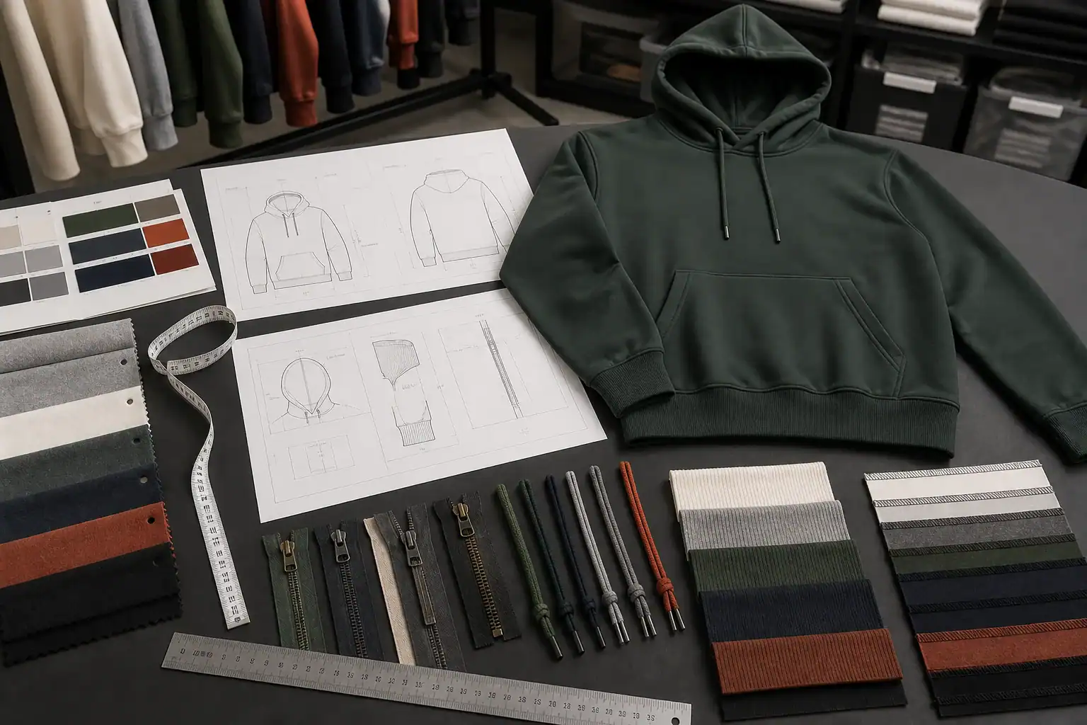Hoodie tech pack desk with flat sketches, fabric, rib, zipper and drawcord samples