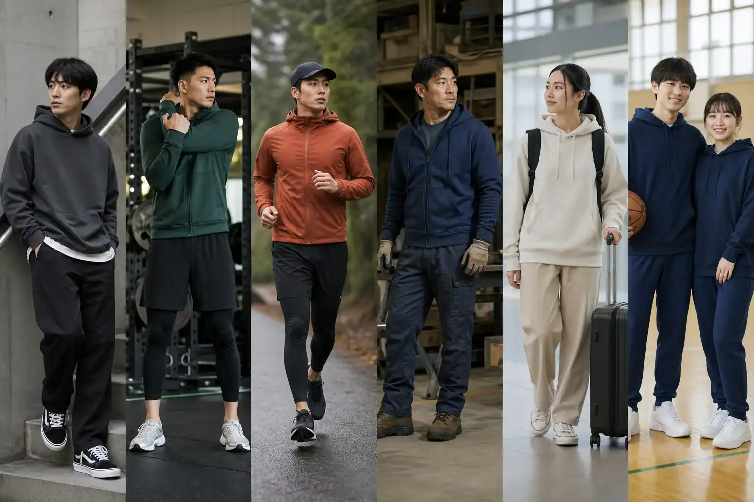Group of diverse people wearing custom activewear in various settings.