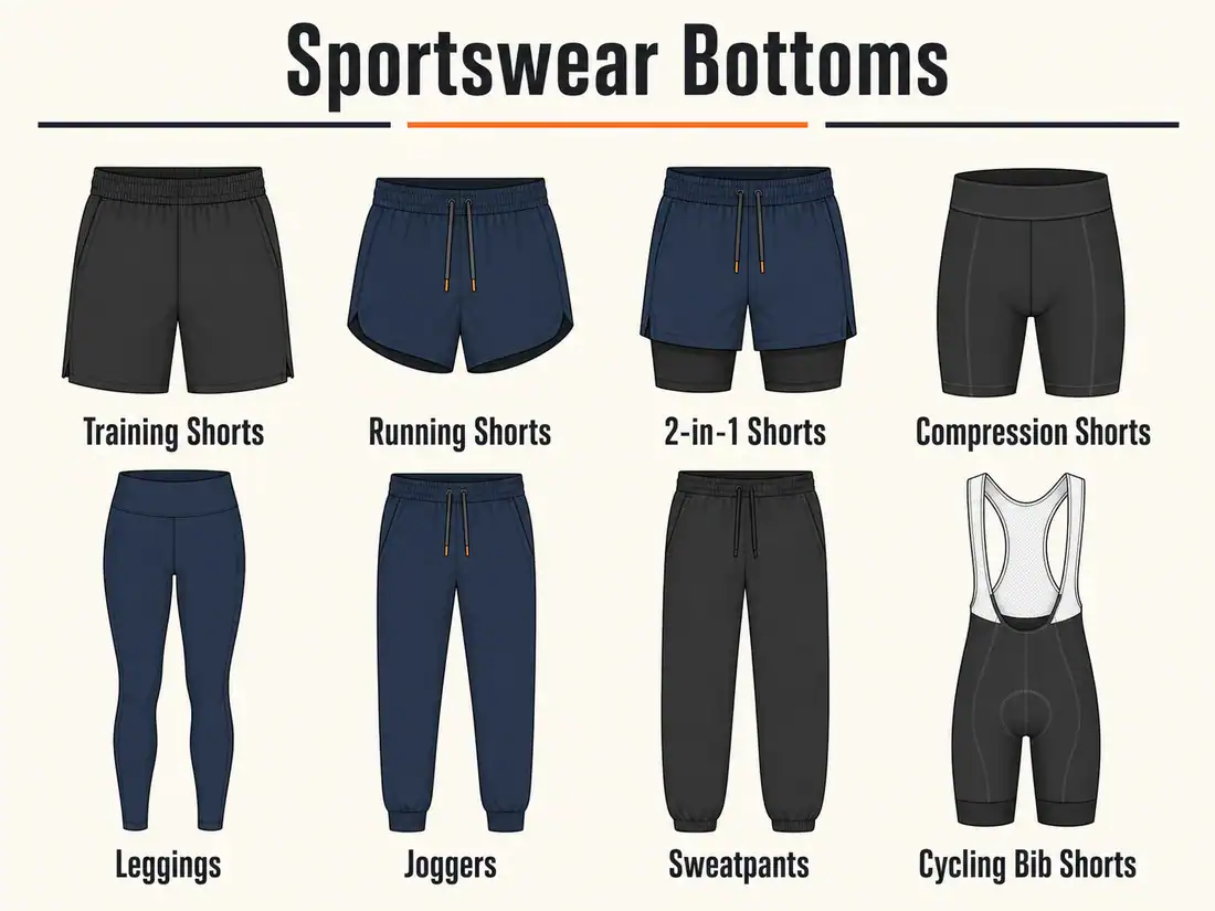 Sportswear bottoms including training shorts, running shorts, 2-in-1 shorts, compression shorts, leggings, joggers, sweatpants, and cycling bib shorts