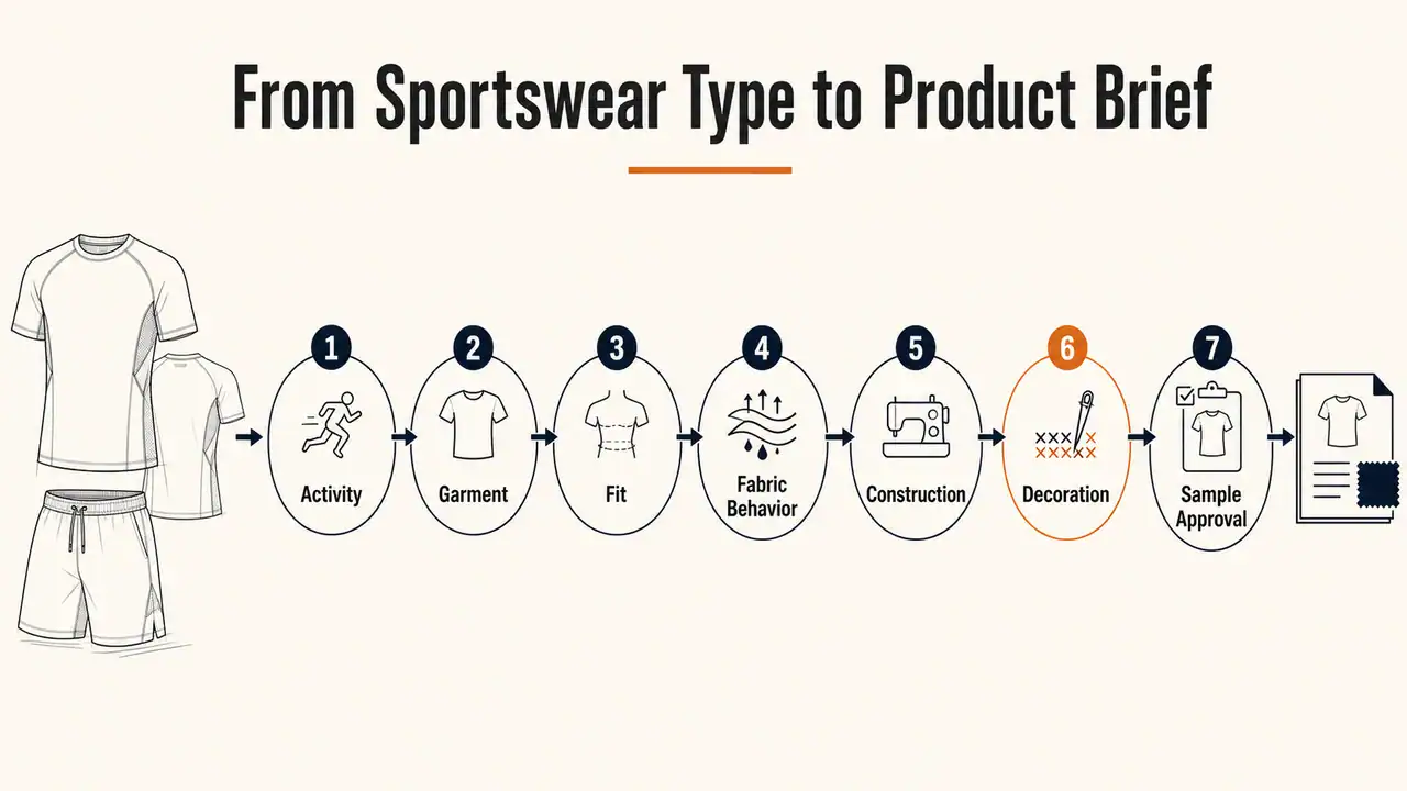 Sportswear product brief flow from activity and garment to fit, fabric behavior, construction, decoration, and sample approval