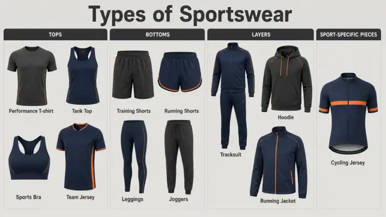 Variety of sportswear including T-shirts, shorts, hoodies, and jerseys for active lifestyles.