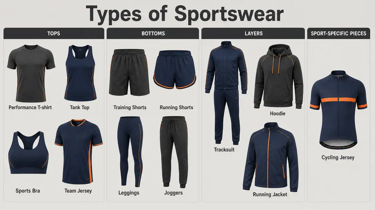 Types of sportswear grouped into tops, bottoms, layers, and sport-specific pieces