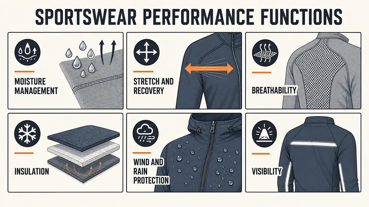 Sportswear performance functions including moisture management, stretch and recovery, breathability, insulation, wind and rain protection, and visibility