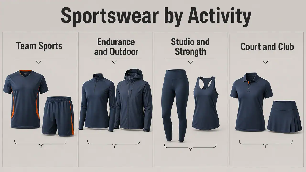 Sportswear categories for team sports, endurance and outdoor, studio and strength, and court and club activities