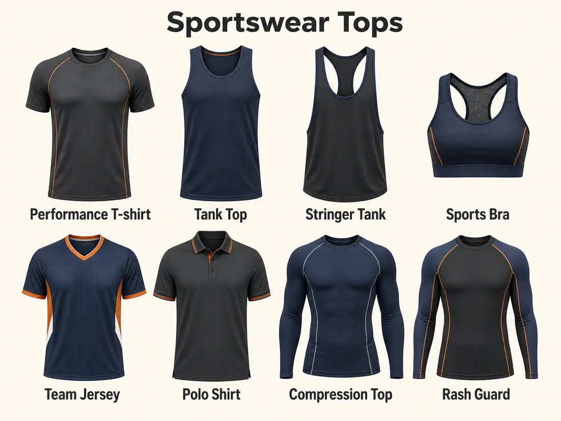 Sportswear tops including performance T-shirt, tank top, stringer tank, sports bra, jersey, polo, compression top, and rash guard