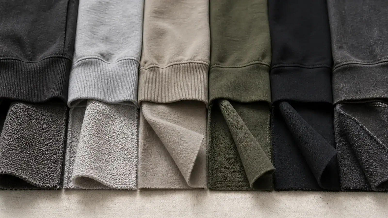 Sweatpants fabric swatches comparing French terry, brushed fleece, jersey and performance knits