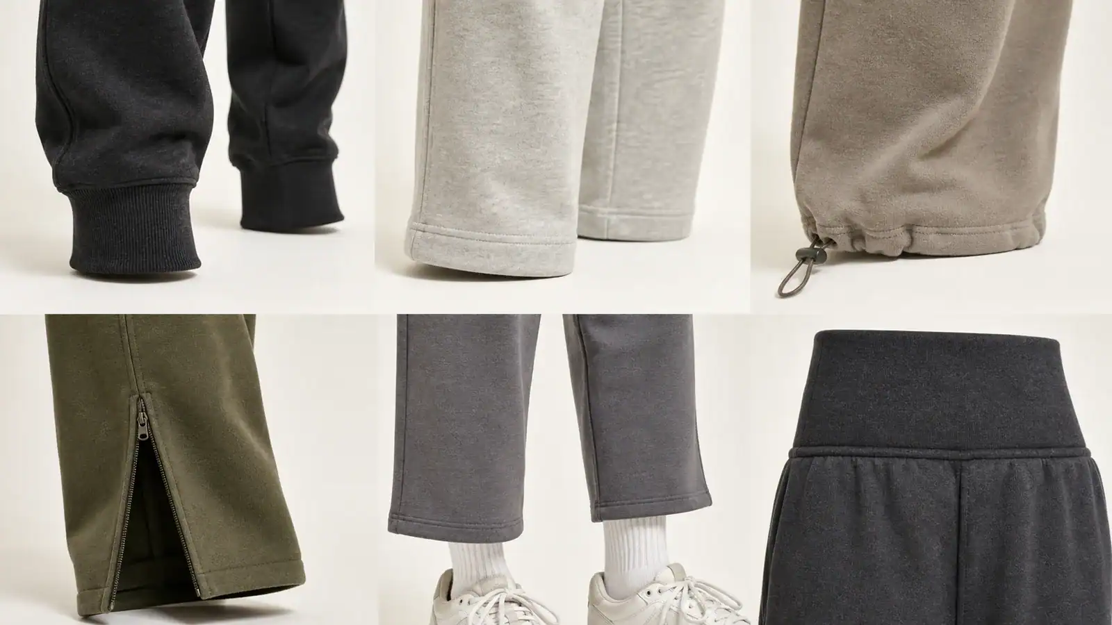 Six sweatpants hem, length and rise constructions shown as product references