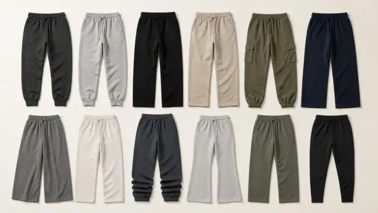 Thirty-six sweatpants types arranged as a practical apparel buyer reference