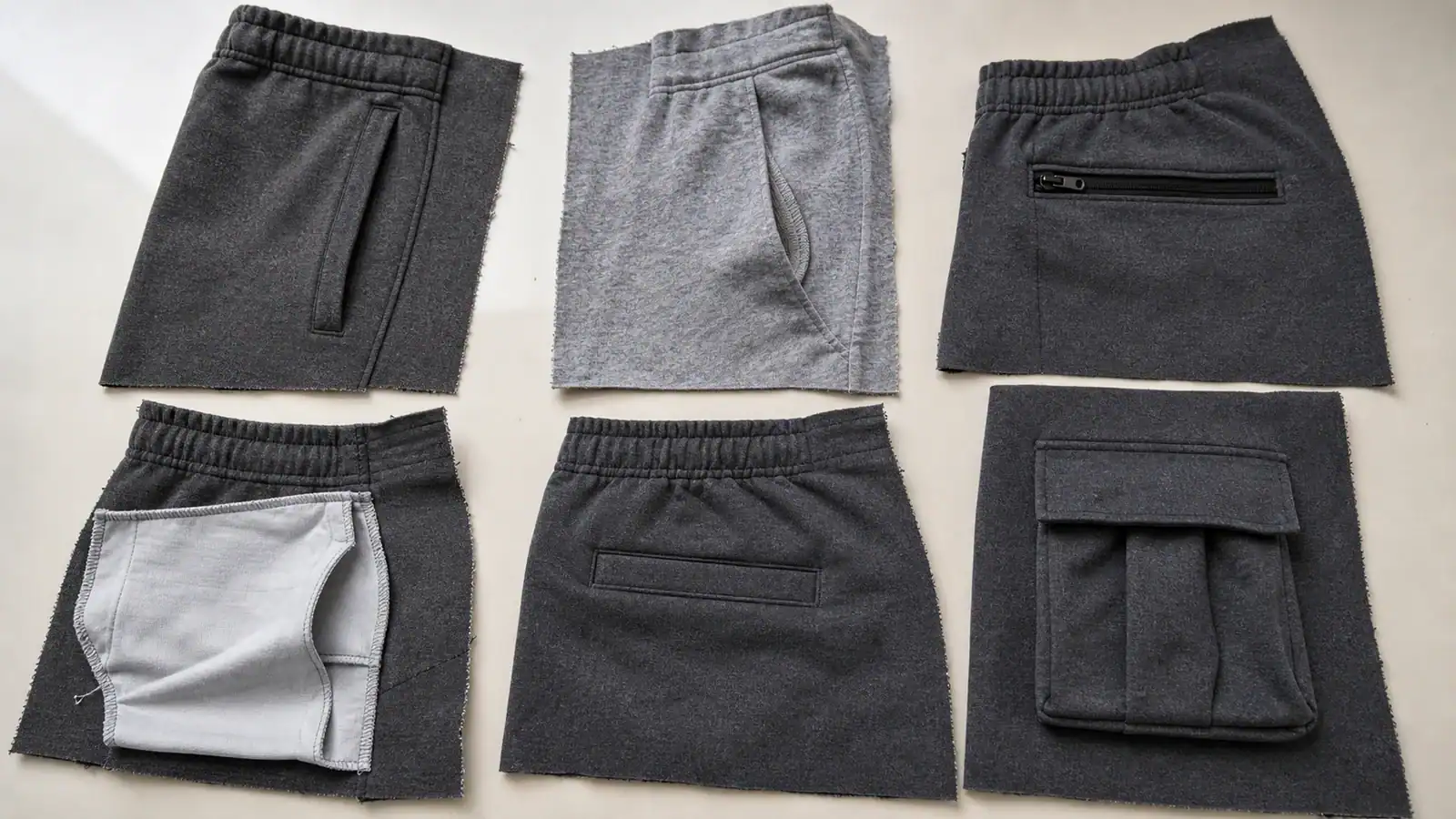 Sweatpants pocket constructions shown from exterior and pocket-bag views