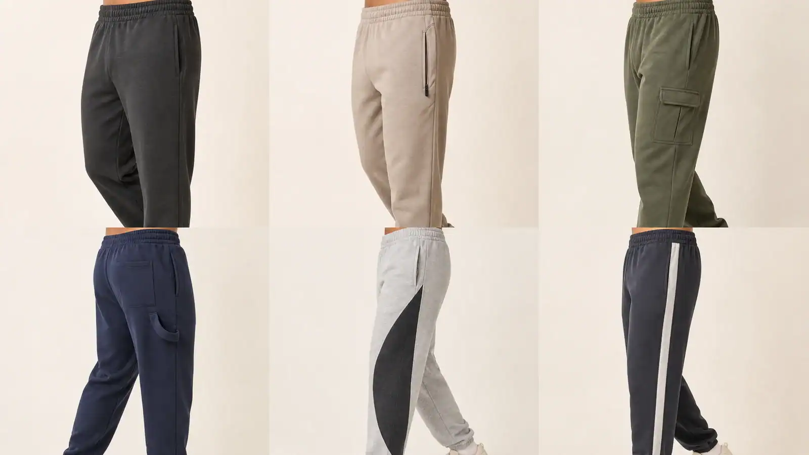 Variety of custom athletic joggers in different colors and styles.