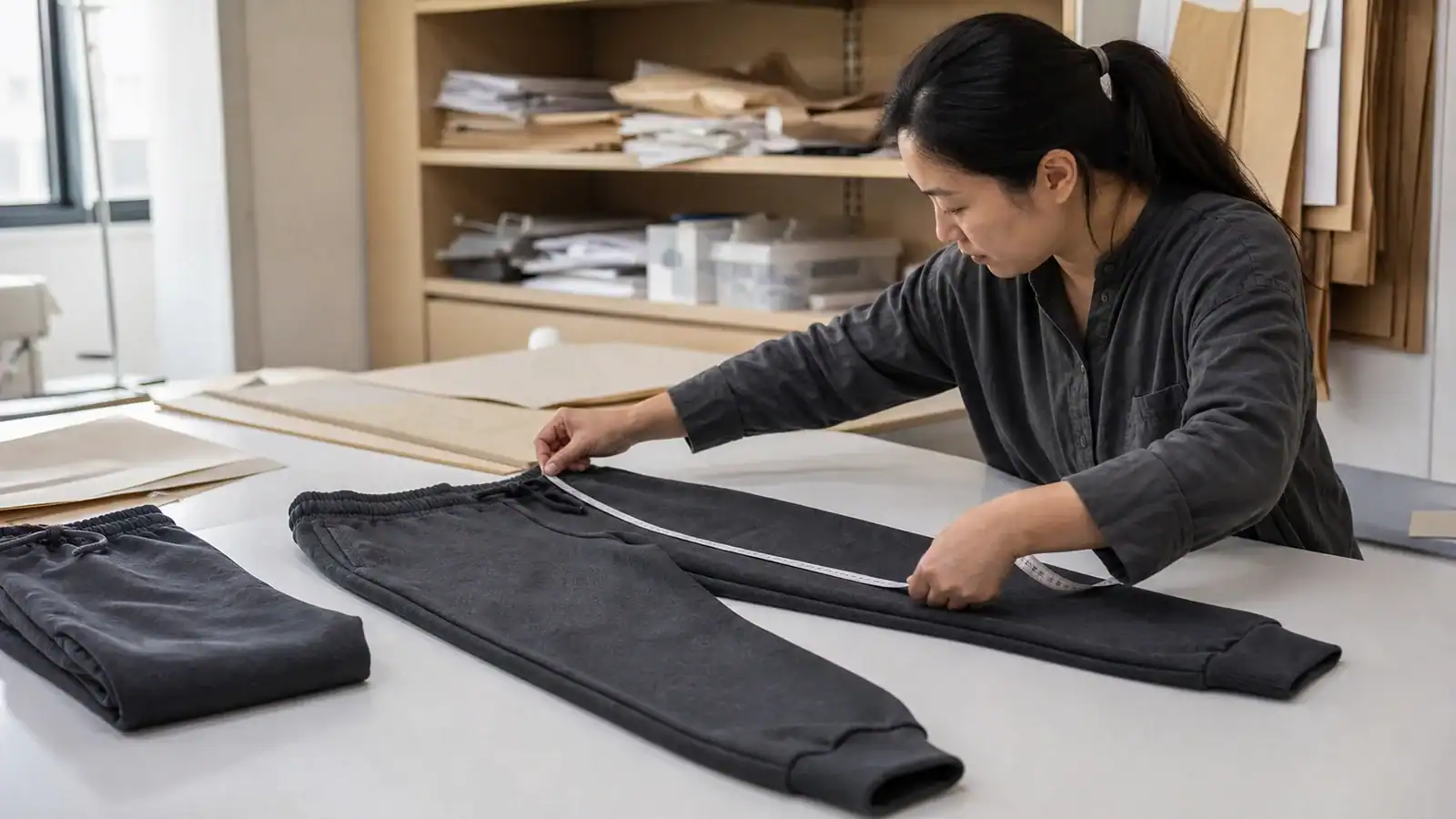 Asian apparel technician measuring a sweatpants sample at the rise, knee and bottom opening