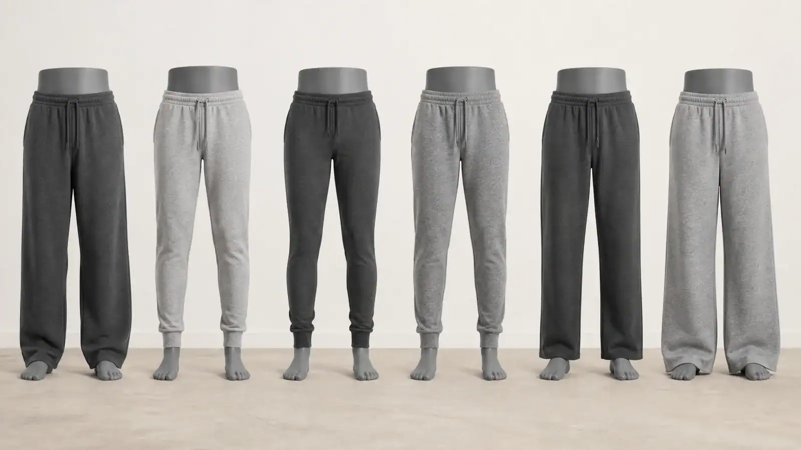 Set of six custom-designed joggers in various shades of gray and black.