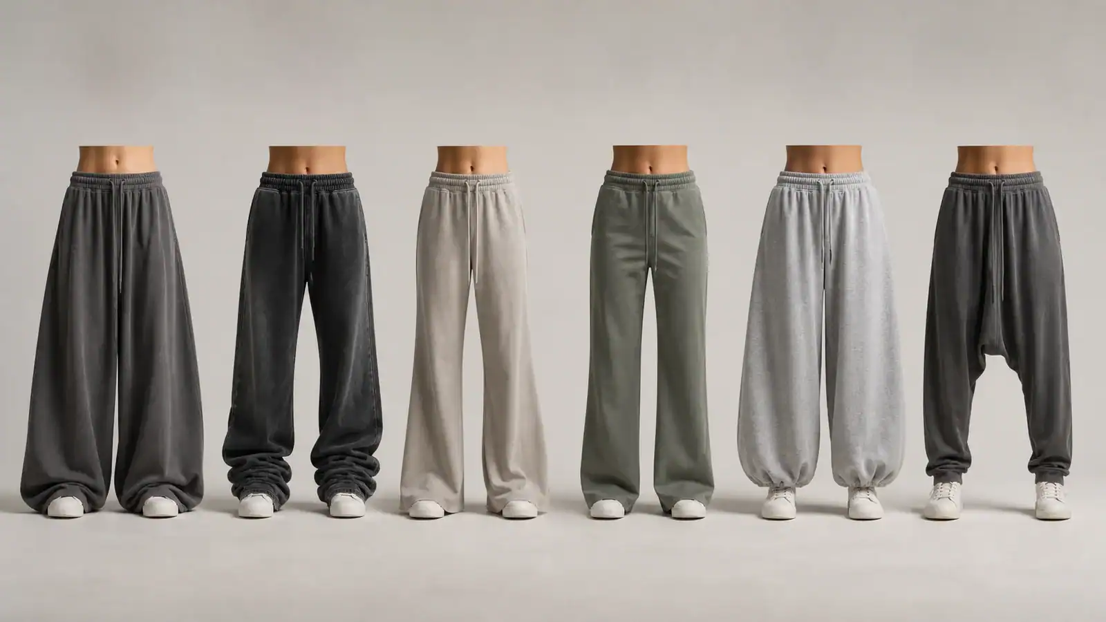 Six pairs of stylish joggers in various colors displayed on a plain background.