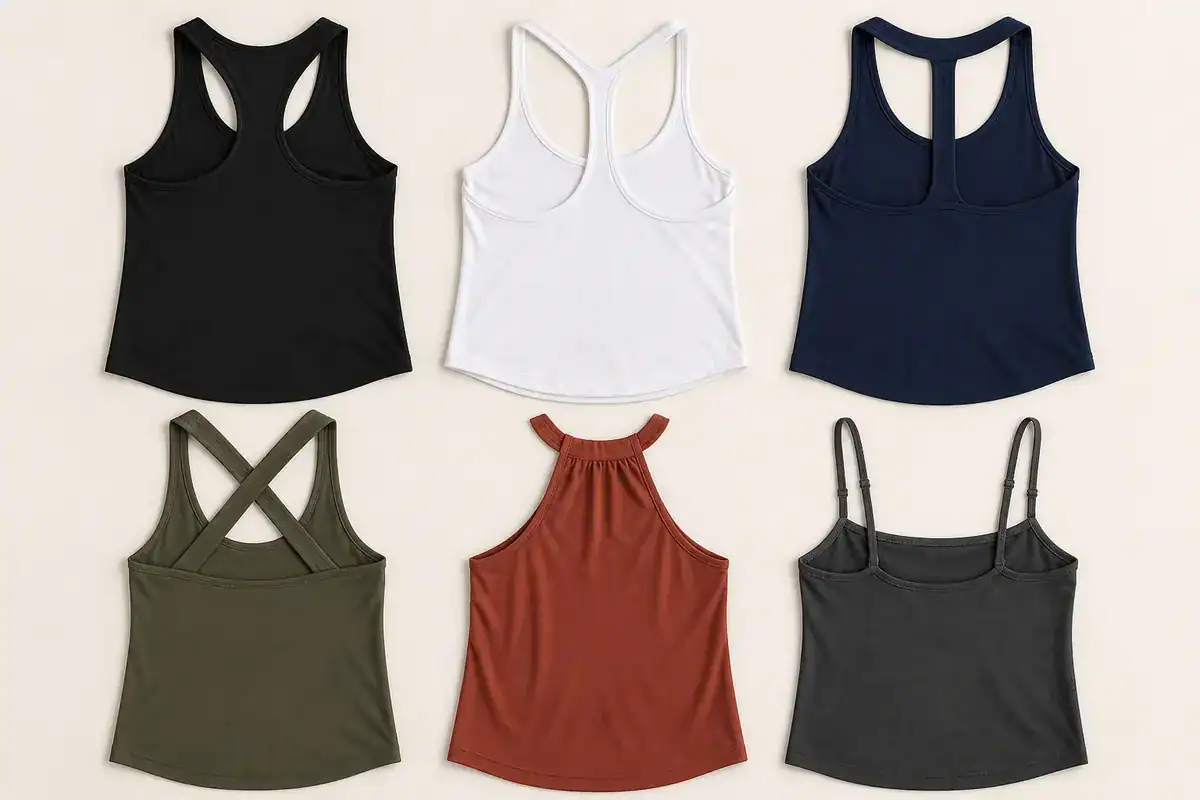 Six tank top back and strap constructions shown as clean garment references